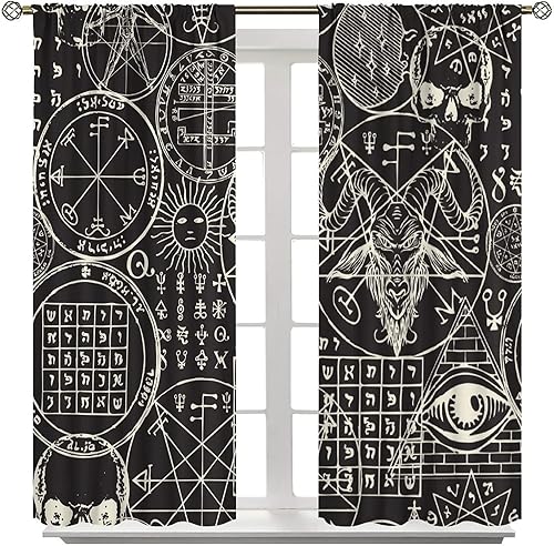 Vista 461 de Cortinas de cabeza de cabra, misteriosa cabeza de cabra malvada, calavera negra, bolsillo para barra, cortinas opacas para ventana, juego de 2