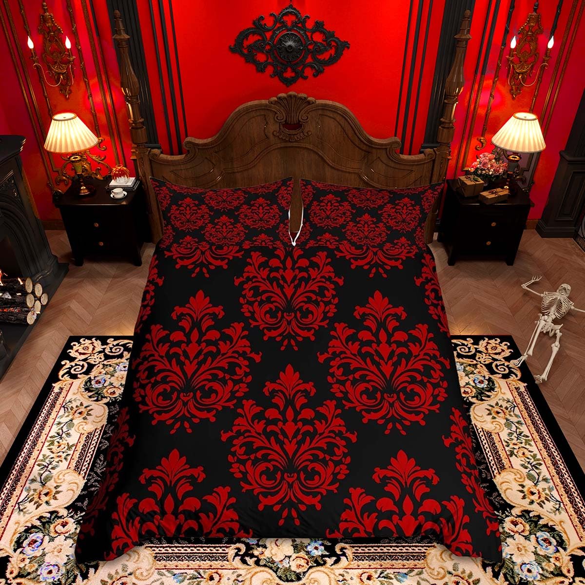 Loussiesd Red Gothic Floral Duvet Cover Set King Size For Kids Boys Girls Vintage Damask Floral Print Bedding Set Bohemian Exotic Duvet Cover with 2 Pillowcases Luxury Jacquard Bedding โ image 1