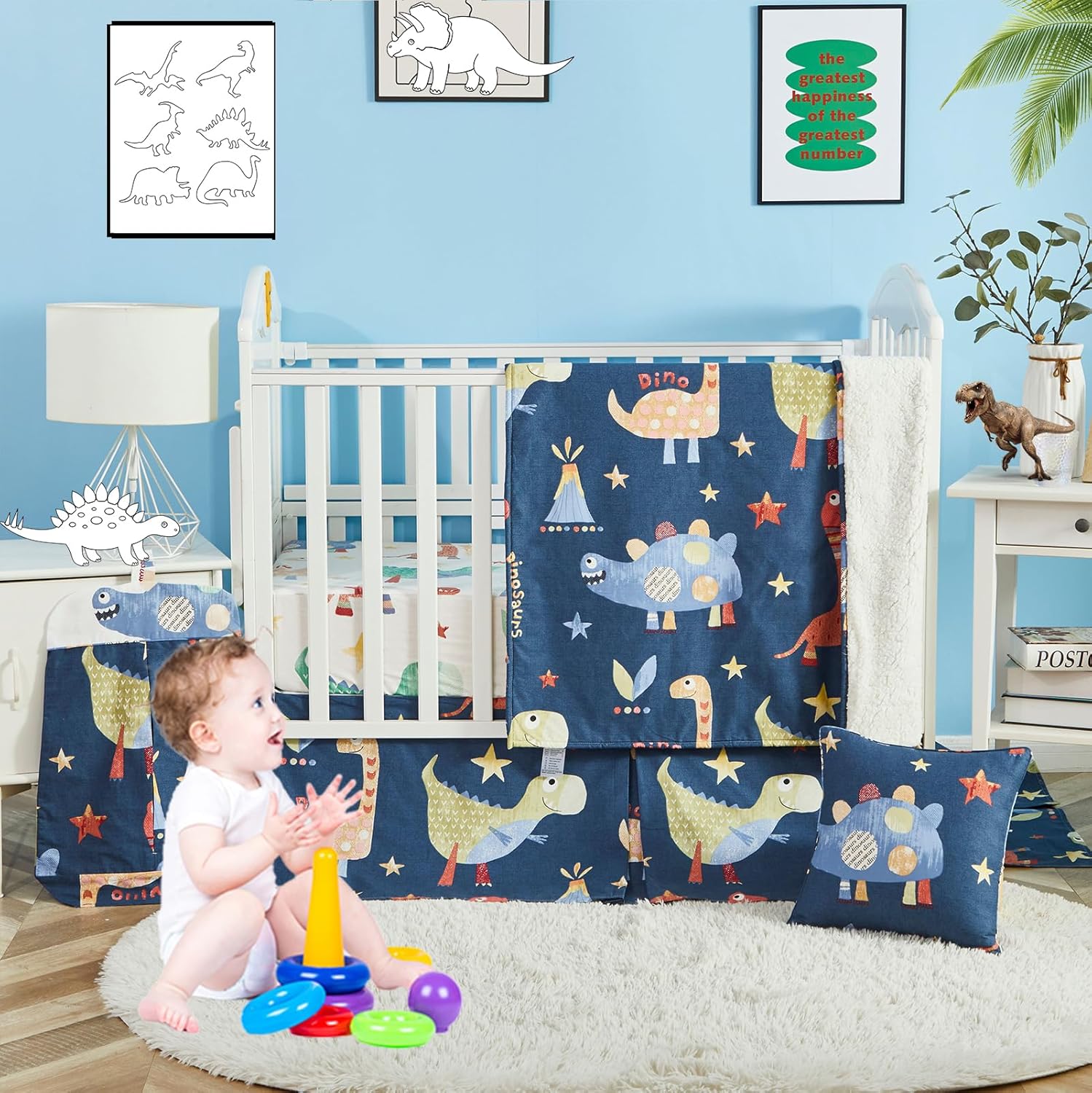 Brandream Baby Boys Dinosaur Crib Bedding Set 6 Piece Blue Fun Dino Baby Bedding Set with Volcano Print 100% Cotton Crib Bed Set