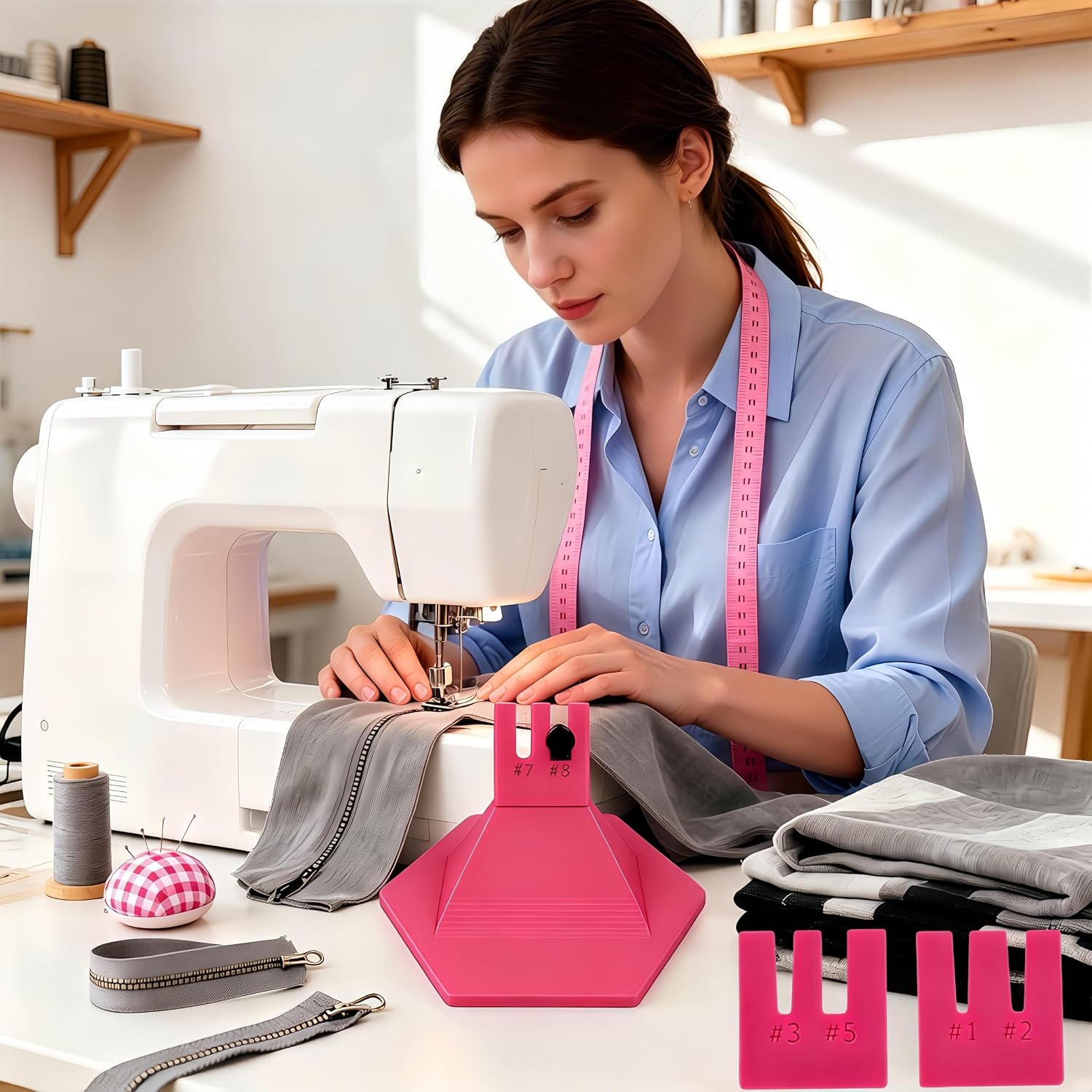 Zipper Jig Tool with Anti-Slip Silicone Base for 6 Size #1#2#3#5#7#8 Zippers,Zipper Installing Tool Handy Zip Fastener for Zippers Pulls Zip Sliders for Dresses & Pants (Magenta)