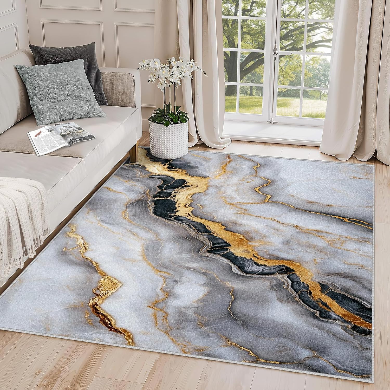 Marble Rug White - Marble Rug, 5x7 Rug, Abstract Modern Luxury Area Rug, Black and White Carpet, Washable & Non Slip & Soft Large Rugs, Marble Home Decor