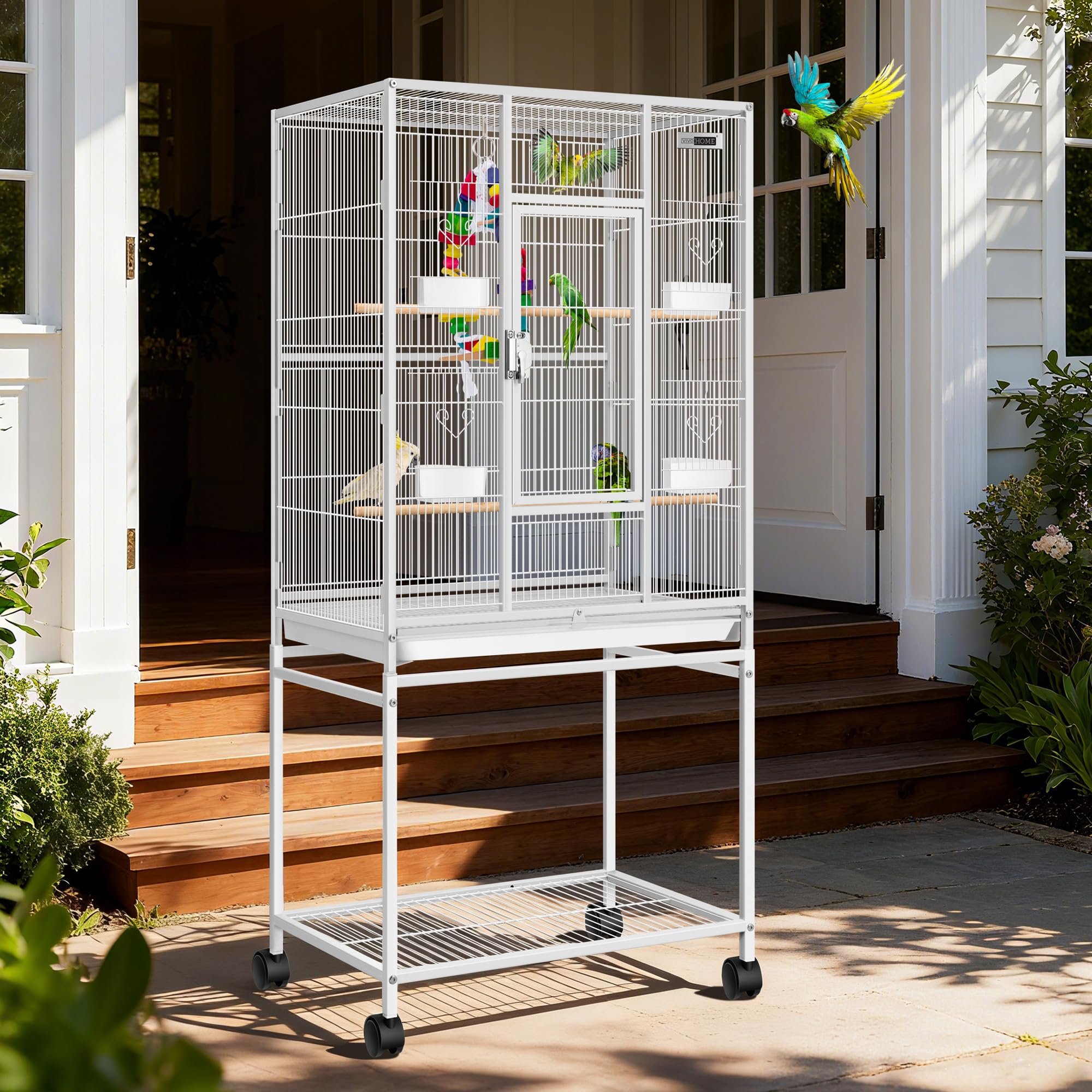 VIVOHOME 54 Inch Wrought Iron Large Bird Flight Cage with Rolling Stand for Parakeets Canaries Cockatiels Lovebirds Conures, White