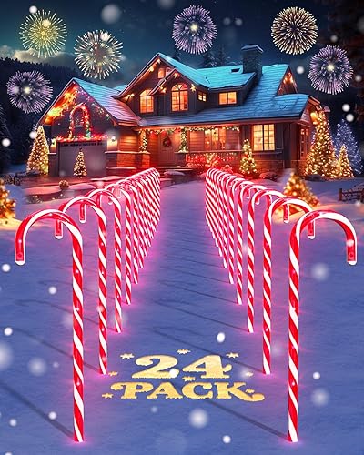 COOLWUFAN 24 Pack Christmas Candy Cane Pathway Lights, 17'' Outdoor