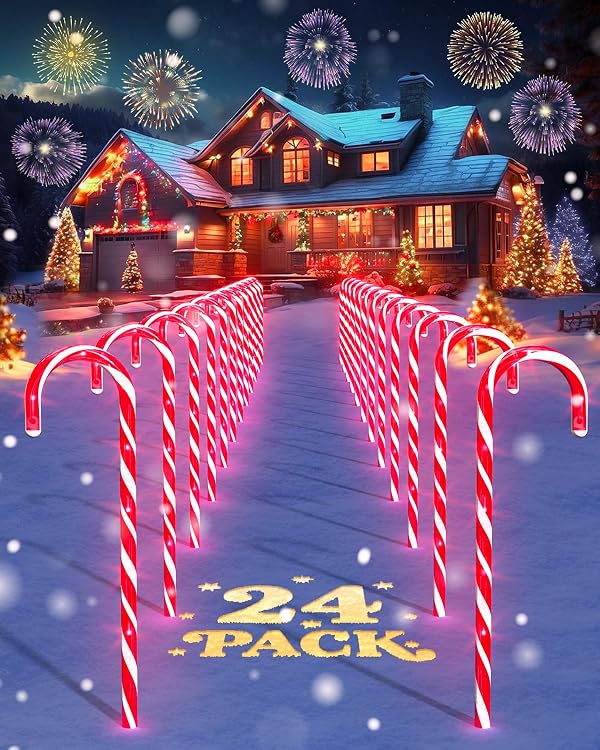 COOLWUFAN 24 Pack Christmas Candy Cane Pathway Lights, 17'' Outdoor Christmas Decorations Pathway Markers Lights for Indoor & Outdoor Holiday Party Patio Yard Lawn, Driveway, Walkway Decor by COOLWUFAN - Used condition - US$23.03
