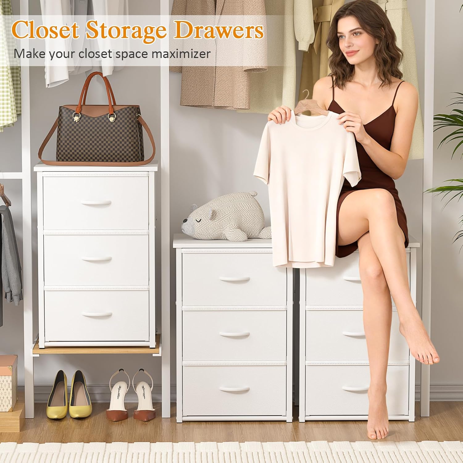 2-Pack Stackable Storage Drawers (6 Drawers Total), White Closet Drawers Organizer for Clothes with Wooden Top & Metal Frame, Freestanding or Stackable Dresser for Bedroom, Living Room, Under Bed