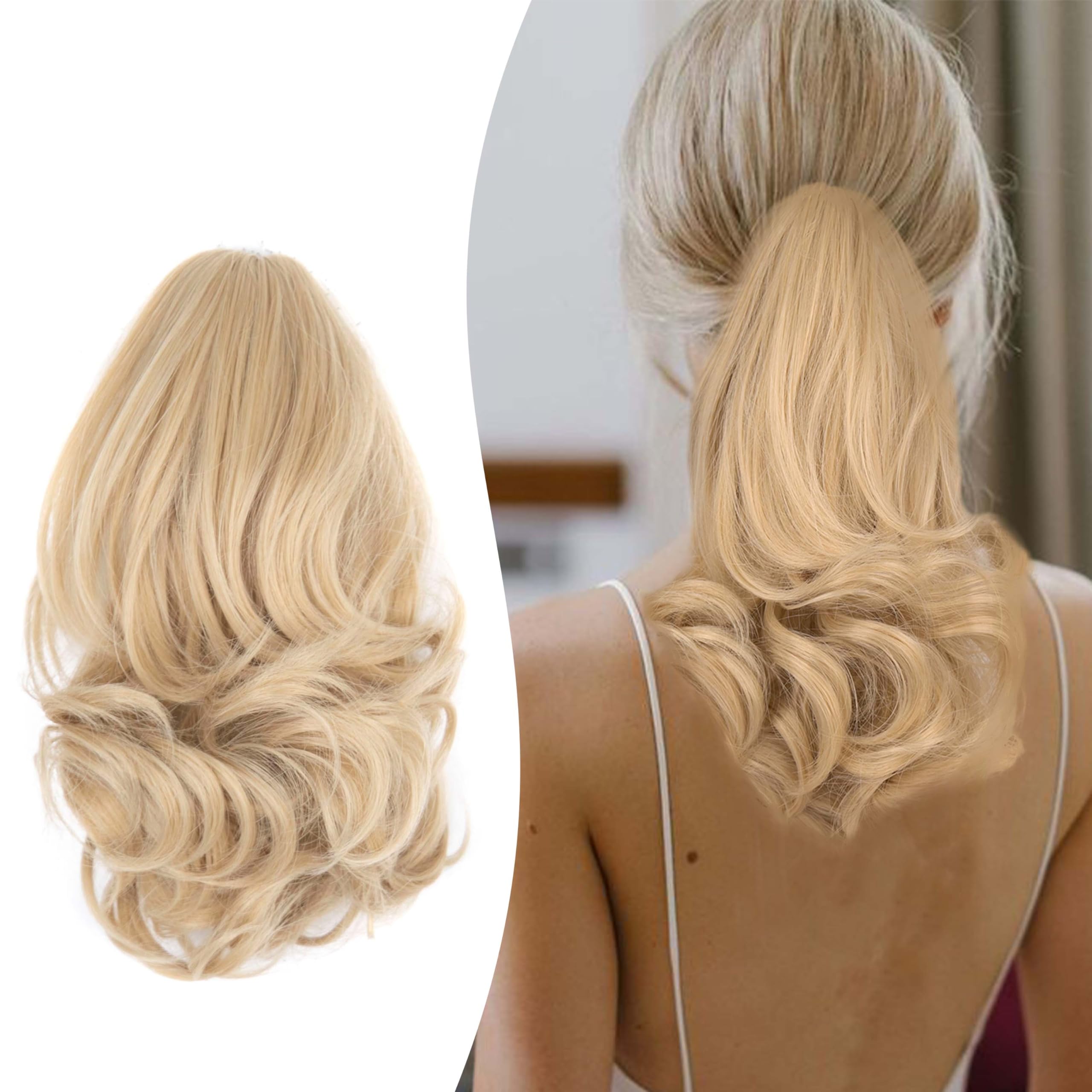 Gairyan 10" Clip in Ponytail Hair Extensions Curly Ponytail Extension Claw on Pony tails Wavy Synthetic Hairpieces for Women Real Natural Short Wave Ash Blonde mix Bleach Blonde