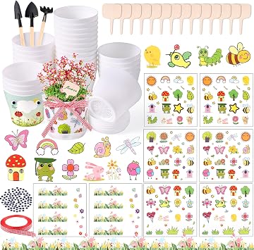 30 Pack Garden Plastic Pot Craft Kit DIY Flower Plant Crafts Nursery Pots with Stickers Flower Planting Growing Kit for Spring Summer Home Classroom School Creative DIY Art Project Activities