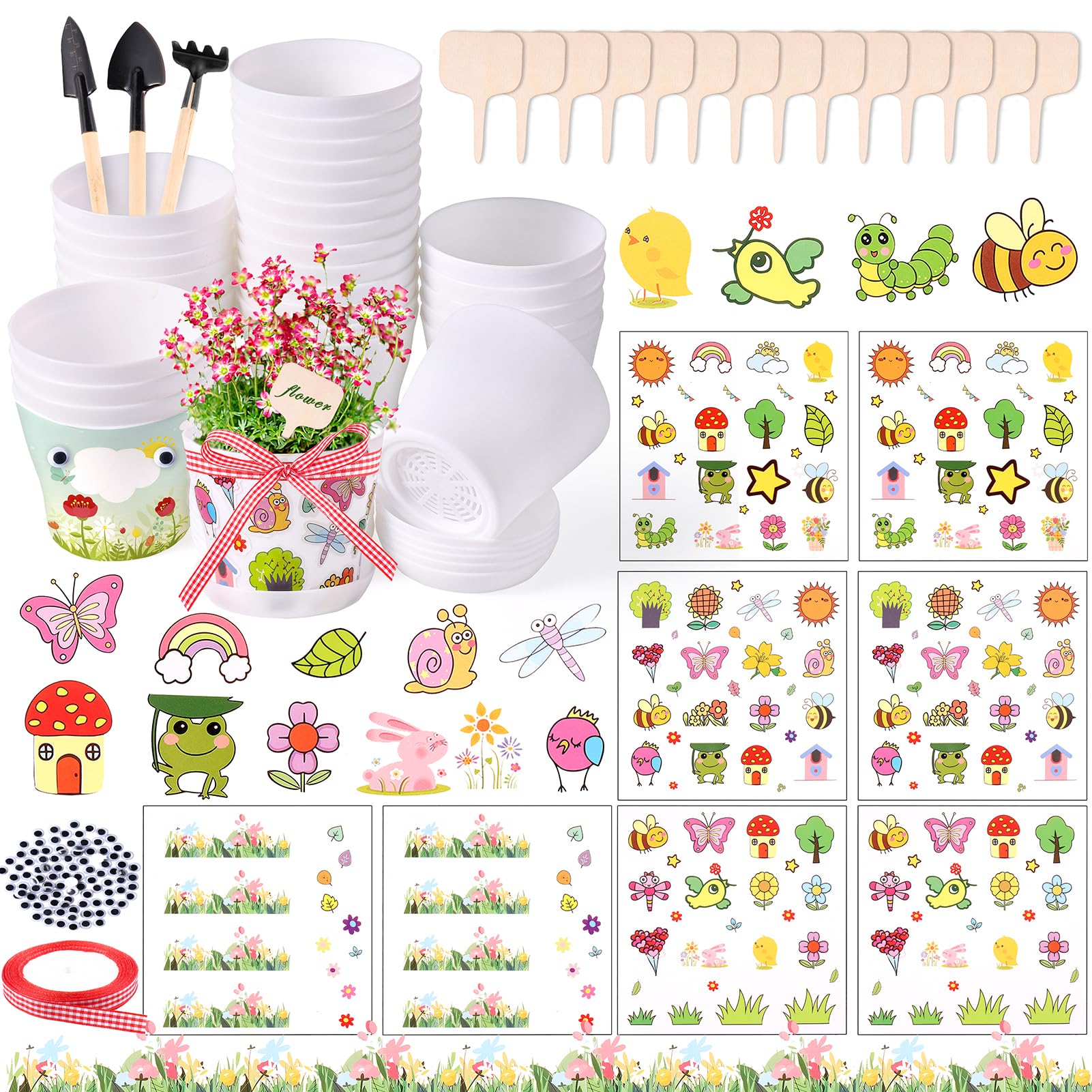30 Pack Garden Plastic Pot Craft Kit DIY Flower Plant Crafts Nursery Pots with Stickers Flower Planting Growing Kit for Spring Summer Home Classroom School Creative DIY Art Project Activities for Kids