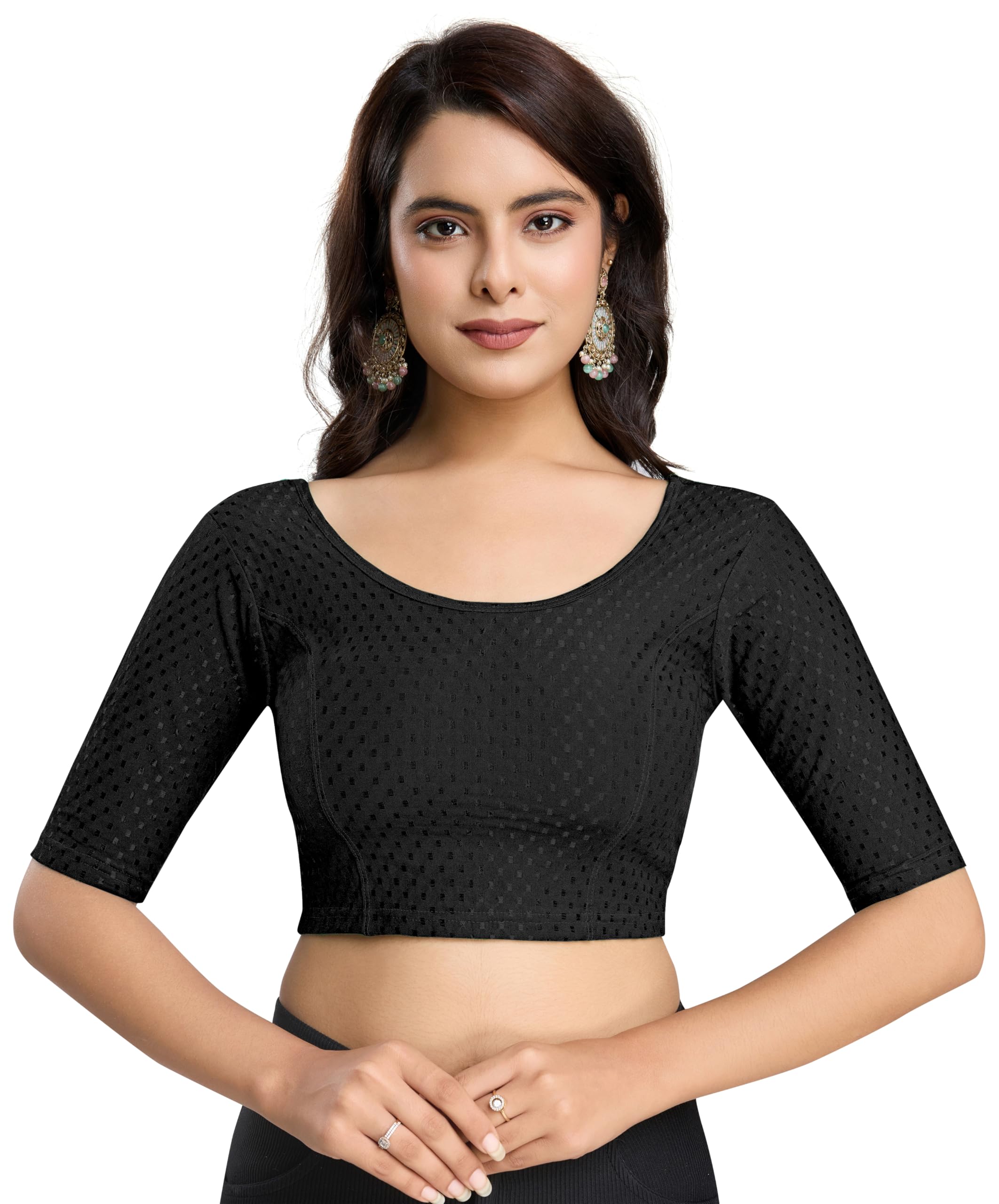 trendmalls Women's Dobby Pure Cotton Elastin Stretchable Readymade Round Neck Elbow Length Sleeves Blouse Choli Stylish Saree Blouse Ready to Wear-picture-16