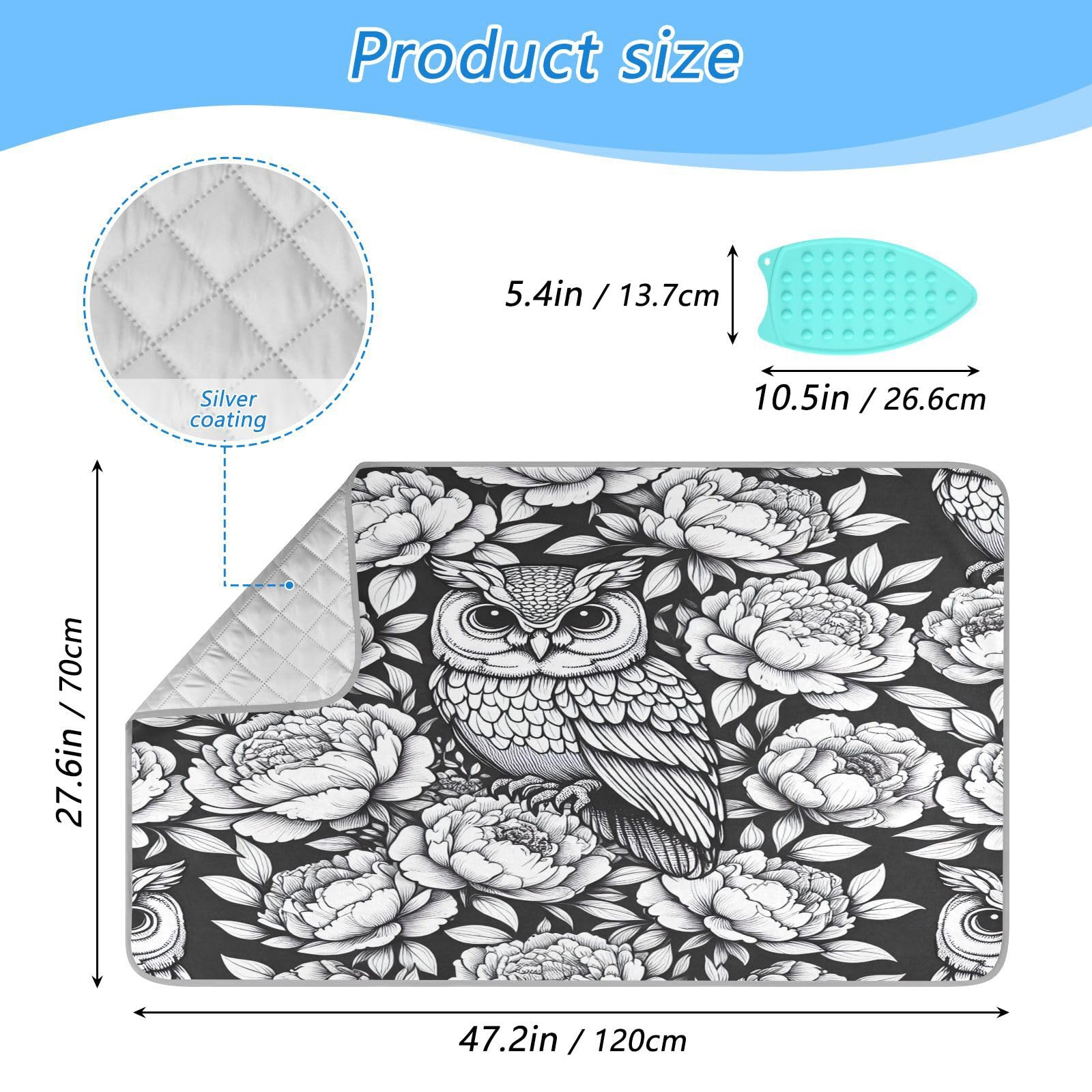 Bulletgxll Owl with Peonies Ironing Mat Portable Travel Ironing Pad Heat Resistant Ironing Blanket for Washer, Dryer, Table Top, Countertop, Ironing Board (27.6 x 47.2 Inches)