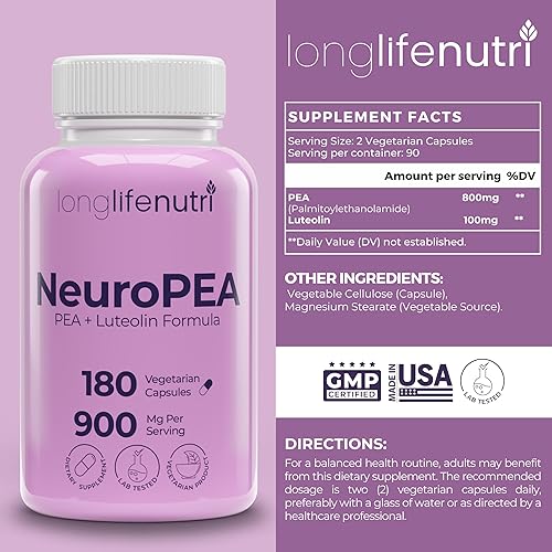Miniatura 2 de LongLifeNutri NeuroPEA (Palmitoiletanolamida + luteolina 800 mg100 mg) - Suplemento orgánico para el rendimiento nervioso, 180 cápsulas