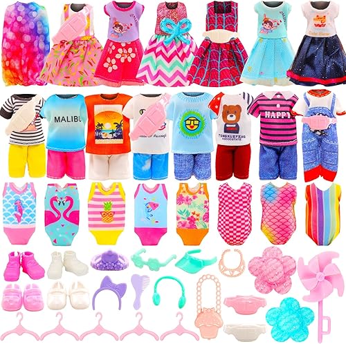 Paquete de 34 ropa y accesorios para muñecas de 5.3 pulgadas, incluyendo 4 vestidos, 4 tops, 4 pantalones, 4 trajes de baño, 4 zapatos, 2 bolsillos,