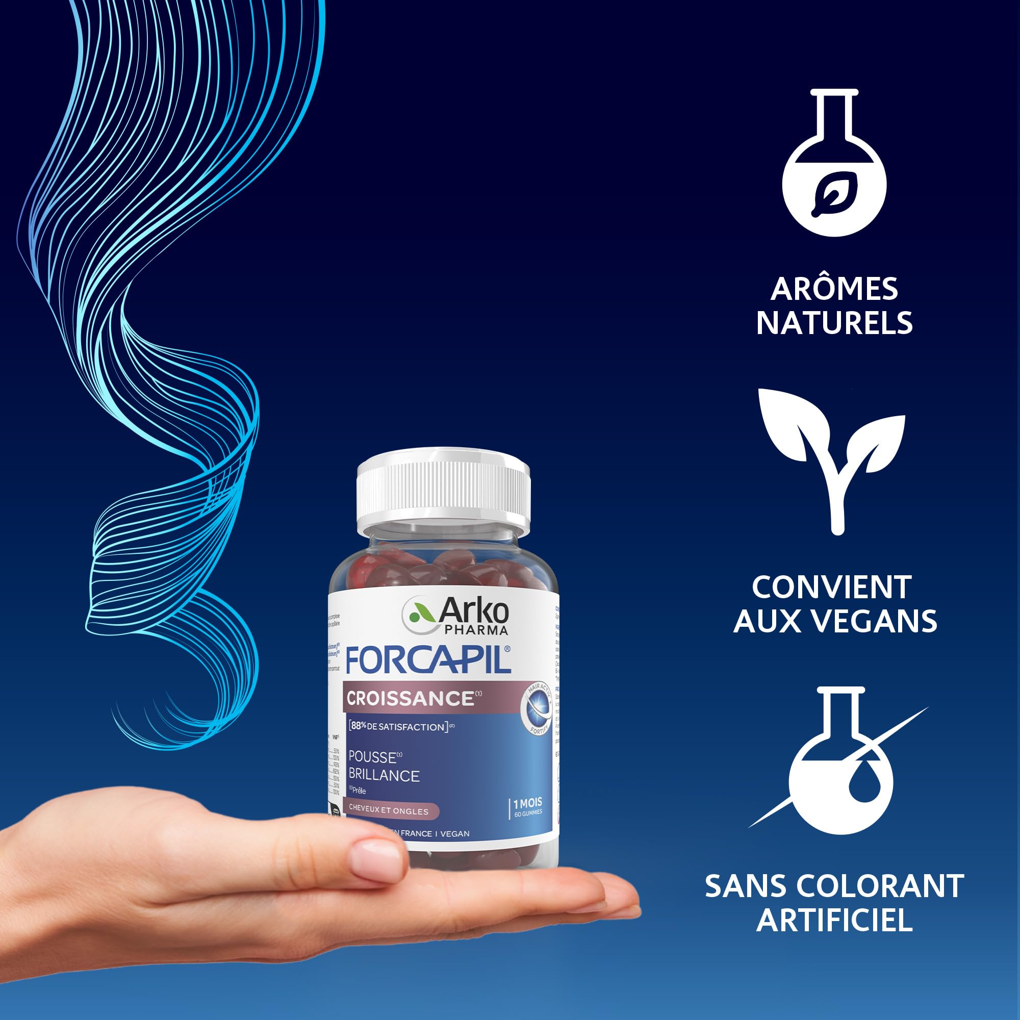 Arkopharma Forcapil Gummies Croissance - Cheveux et Ongles - Favorise la pousse des cheveux et ongles - Renforce la fibre capillaire - 60 gummies - Cure d'un mois