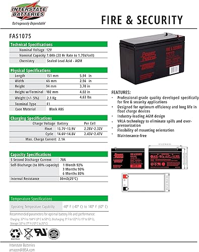Miniatura 7 de Interstate Batteries Batería de seguridad y fuego de 12 V 7 Ah (8 unidades) (terminal F1) SLA AGM VRLA Power Patrol Recargable Reemplazo para