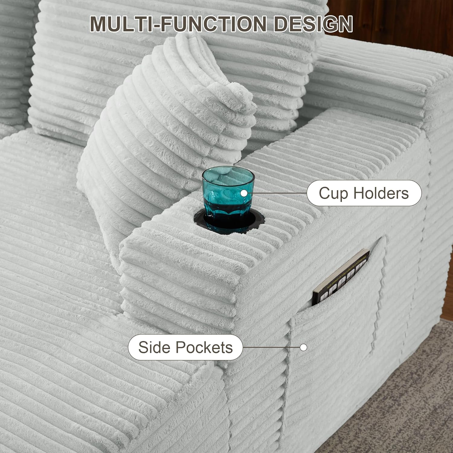 Tmsan 133.5" Oversized U Shaped Cloud Couch, Large Boneless Deep Seat Modular Sectional Sofa with Cup Holders & Side Pockets, Modern Corduroy Foam Compressed Sofa Set for Living Room Apartment