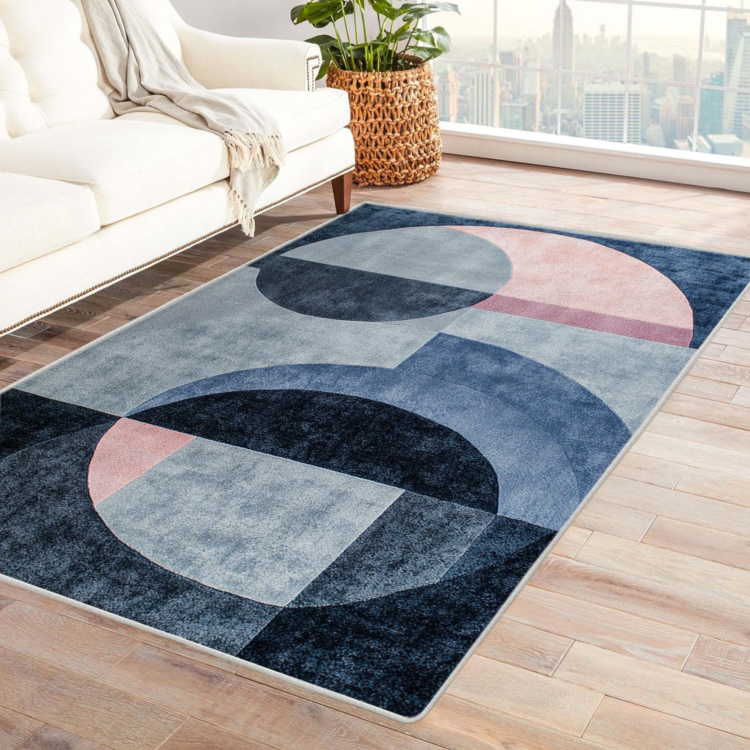 Tapis salon bleu vintage de 150x180cm au motif abstrait pour une ambiance de chambre