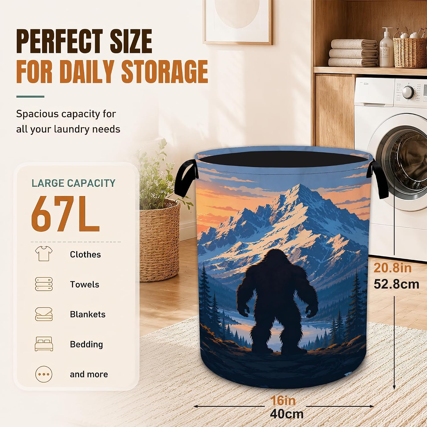 Retro Bigfoot Foldable Laundry Basket with Handles,Forest Mountain Oxford Clothes Hamper, Portable Laundry Room Decor Storage Basket for Bedroom Bathroom Dorm, Dirty Clothes Basket image 2