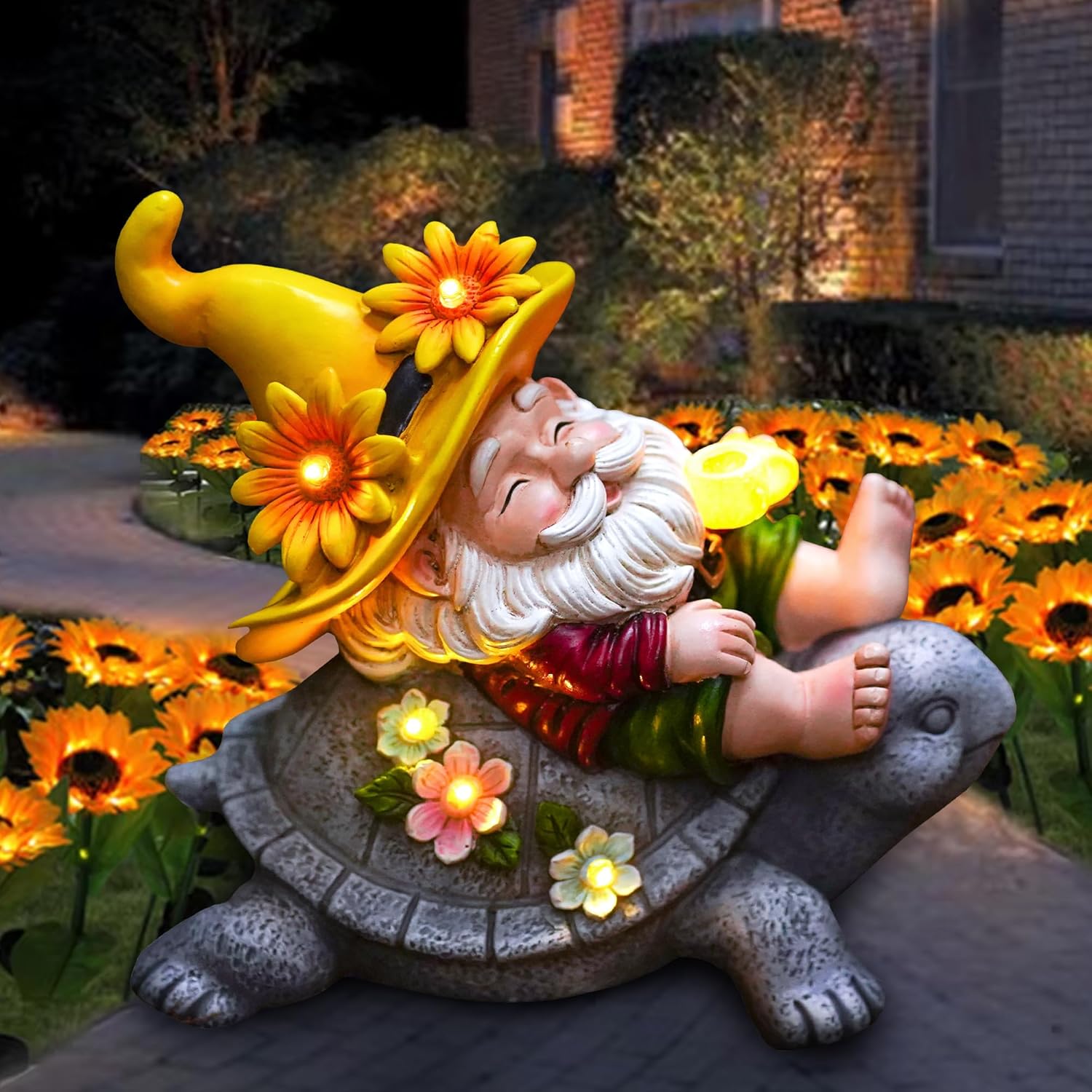 Garden Gnomes Outdoor Decor: Funny Sunflower Gnome Sitting on Turtle with Solar Lights Outside Decoration for Lawn Yard Patio Garden Gifts for Women