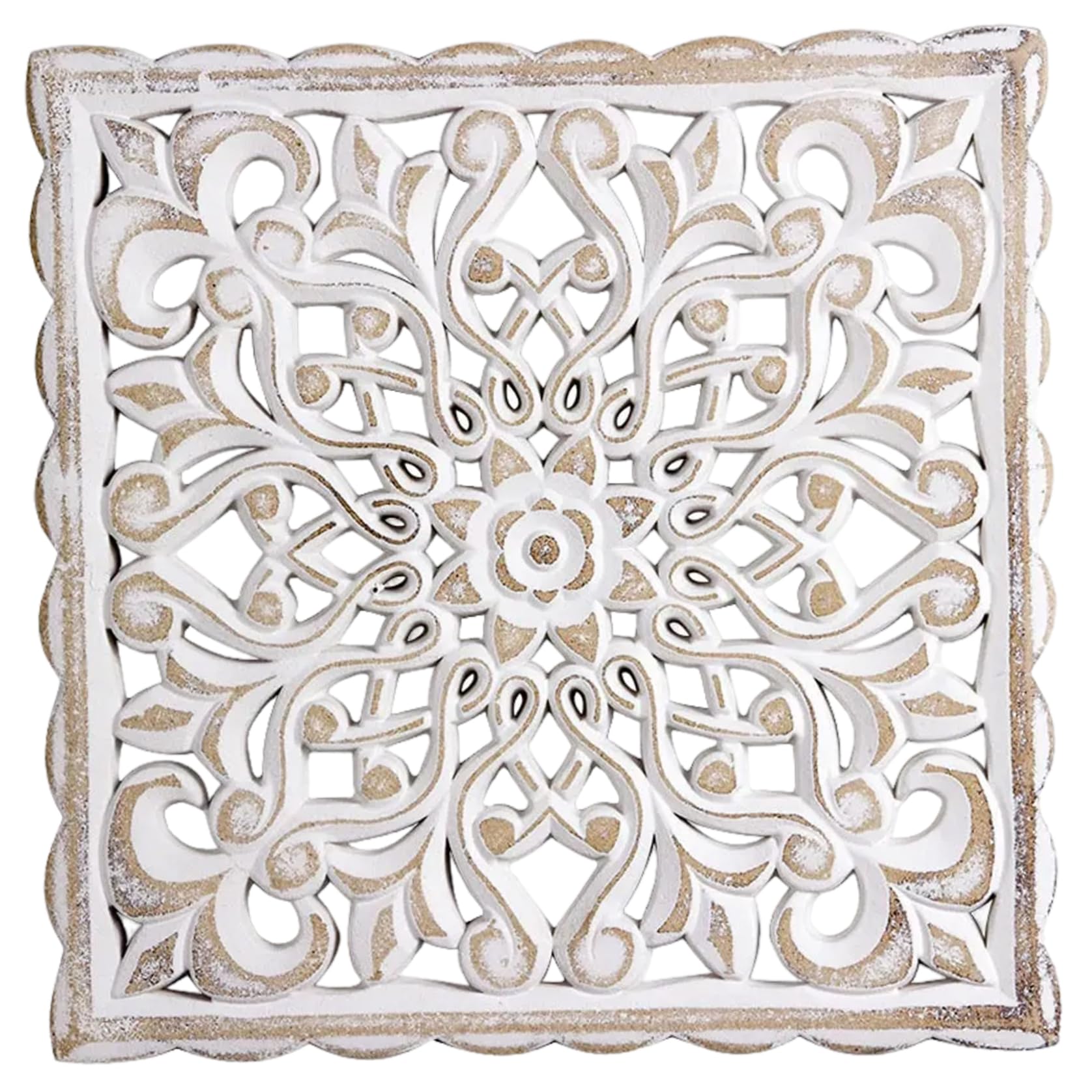 Decoración de pared de madera, arte de pared de madera tallada hueca floral, arte decorativo de mandala decorativo blanco vintage 12x12x0.5 panel colgante con diseño de mandala para la sala de estar