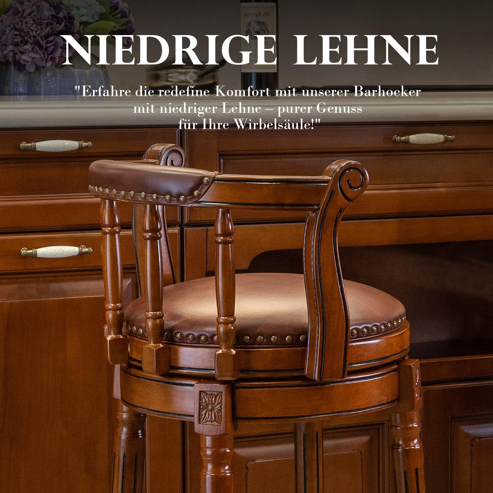 Barhocker aus Leder mit Rindsleder, Sitzhöhe 66 cm, Drehstuhl für Zuhause, Küche, Theke, Mordener Stuhl, Esszimmer, Restaurant, Arbeitszimmer und Kneipe, 1 Stück