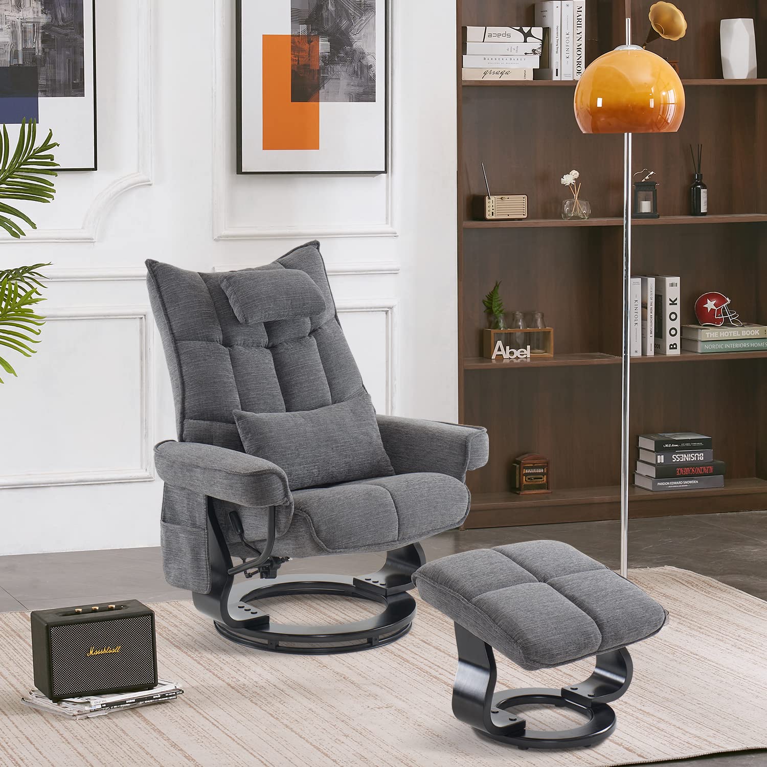 M MCombo Relaxsessel mit Hocker, Drehbare Fernsehsessel mit Liegefunktion, Moderner TV-Sessel Stuhl für Wohnzimmer, mit Kissen & Seitentasche, Stoff, 9076 (Grau)