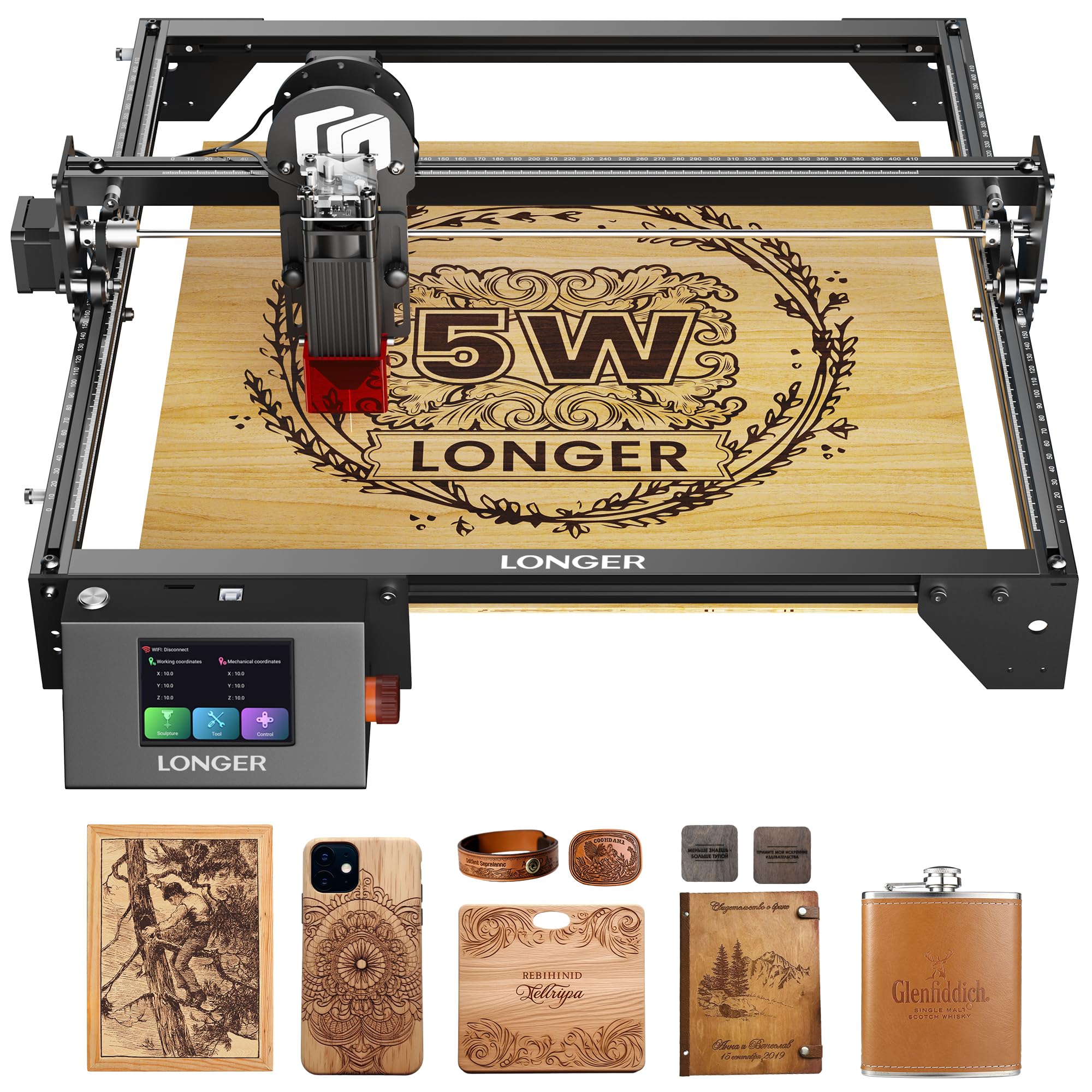 Longer RAY5 Laser Engraver, DIY Laser Engraver 5W Output Power, 3.5” Color Touch Screen, App Offline Control, Engraver Tool for Metal/Glass/Wood Engraving Area 15.75"x15.75"