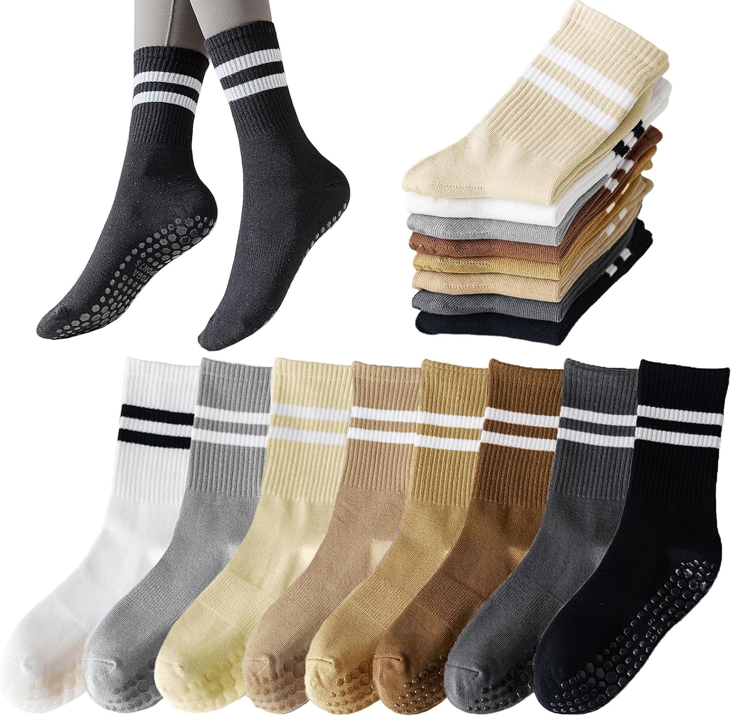 Tergy 8 Pairs Long Yoga Socks with Grip for Women Anti Skid Gripper Socks No Slip Socks for Pilates, Barre, Dance,Yoga