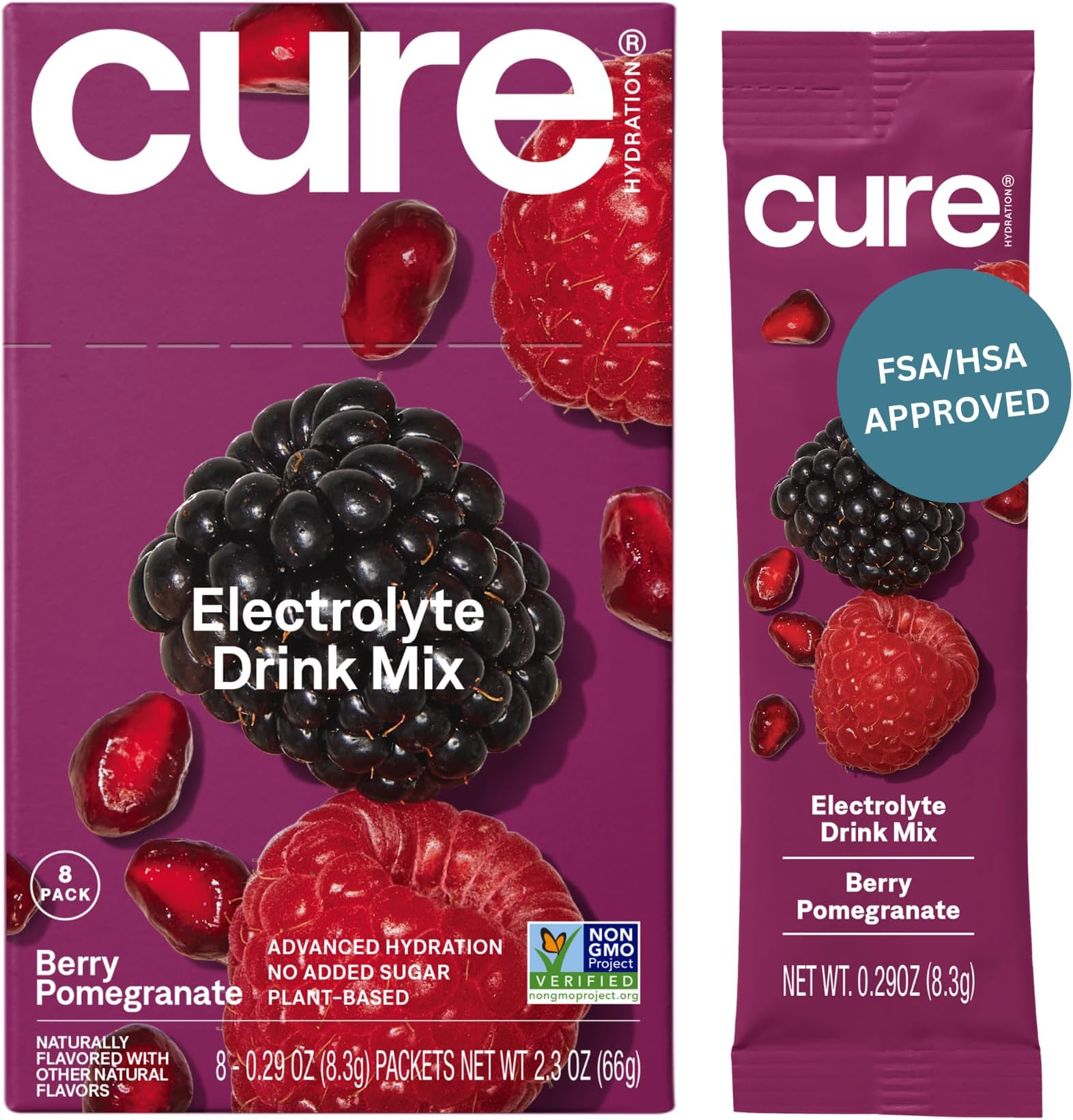 Cure Hydration | Plant-Based Electrolyte Drink Mix | No Added Sugar | FSA-HSA | Dehydration Relief Powder Made with Coconut Water | Non-GMO | Vegan | Box of 8 Packets - Berry Pomegranate