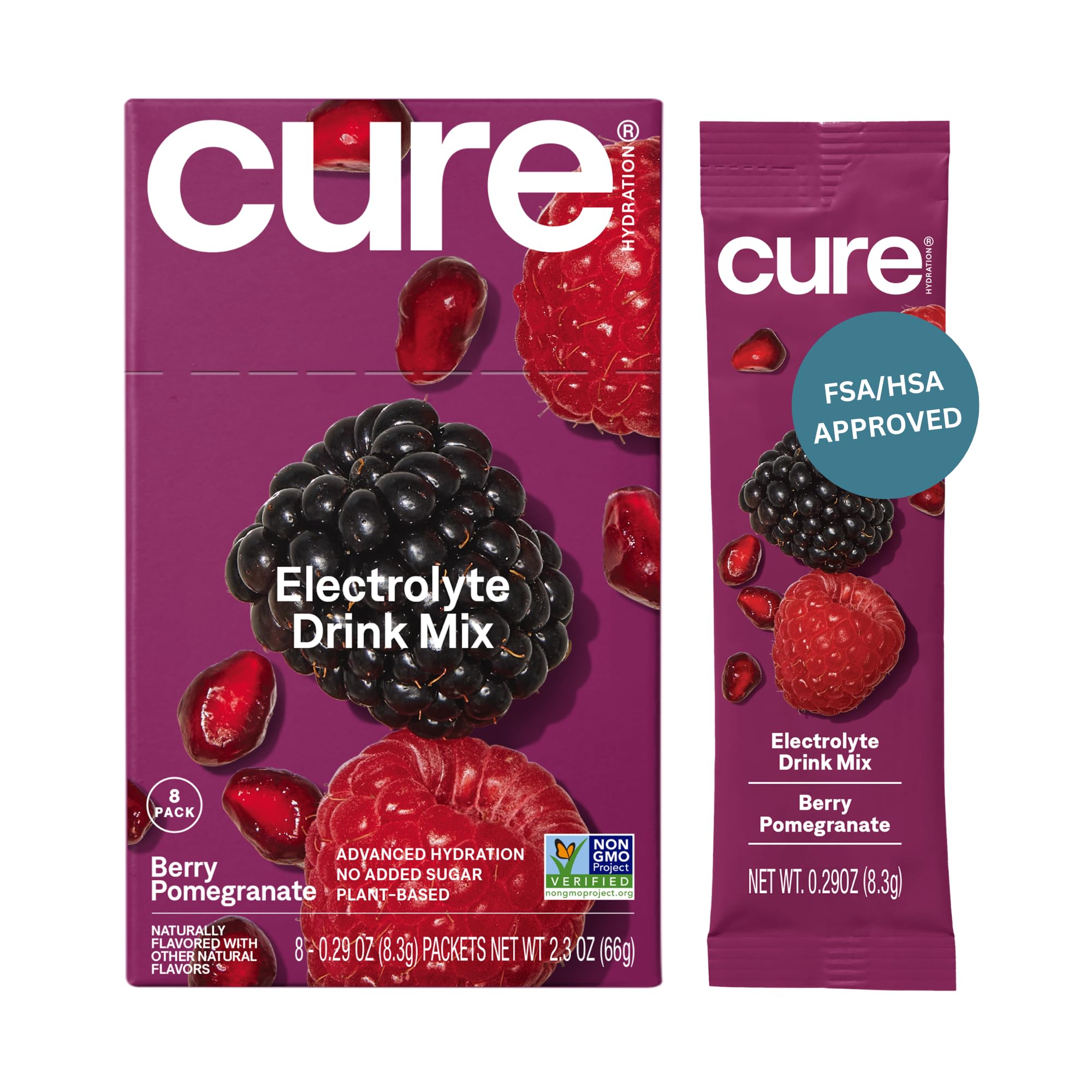 Cure Hydration Plant-Based Electrolyte Drink Mix | No Added Sugar | Dehydration Relief | Coconut Water Powder | FSA-HSA Eligible | Non-GMO, Vegan | 8 Packets – Berry Pomegranate