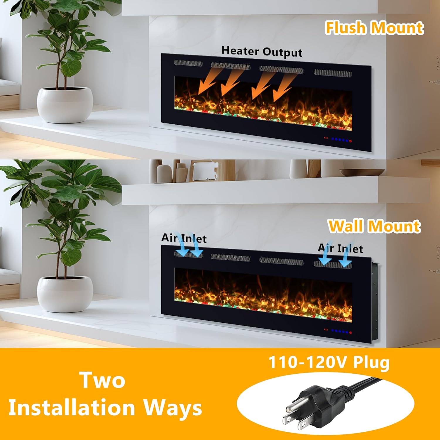 72 Inch Ultra Thin Electric Fireplace Heater, Recessed & Wall Mounted Electric Fireplace Insert with Thermostat, 13 Flame Colors, Remote Control, 750/1500W for Living Room Bedroom