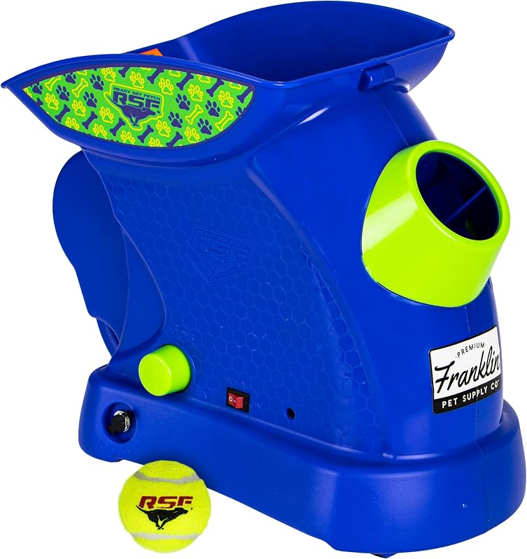 Franklin Pet Supply Co. Ready Set Fetch Mini lanzador automático de pelotas de tenis | Funciona con batería o con enchufe, disparos de largo alcance de 40 pies, timbre de seguridad con alternancia, se adapta a juguetes estándar de 1,7 pulgadas, juego en solitario en cualquier momento