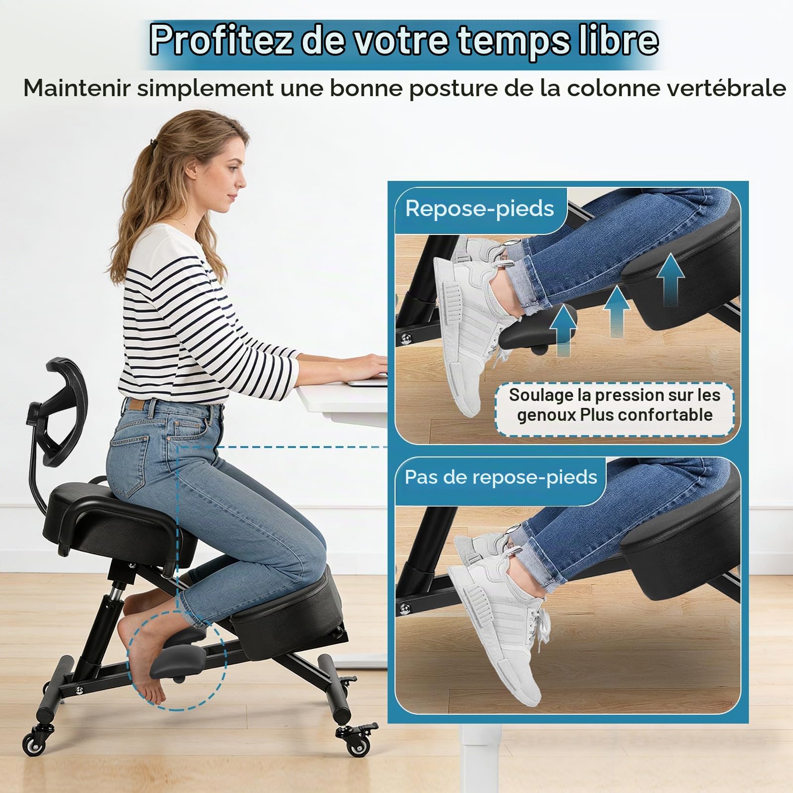 Generisch Chaise de bureau ergonomique avec pédales, hauteur réglable et soutien lombaire pour banques et salles de conférence, bureaux, amélioration de la posture
