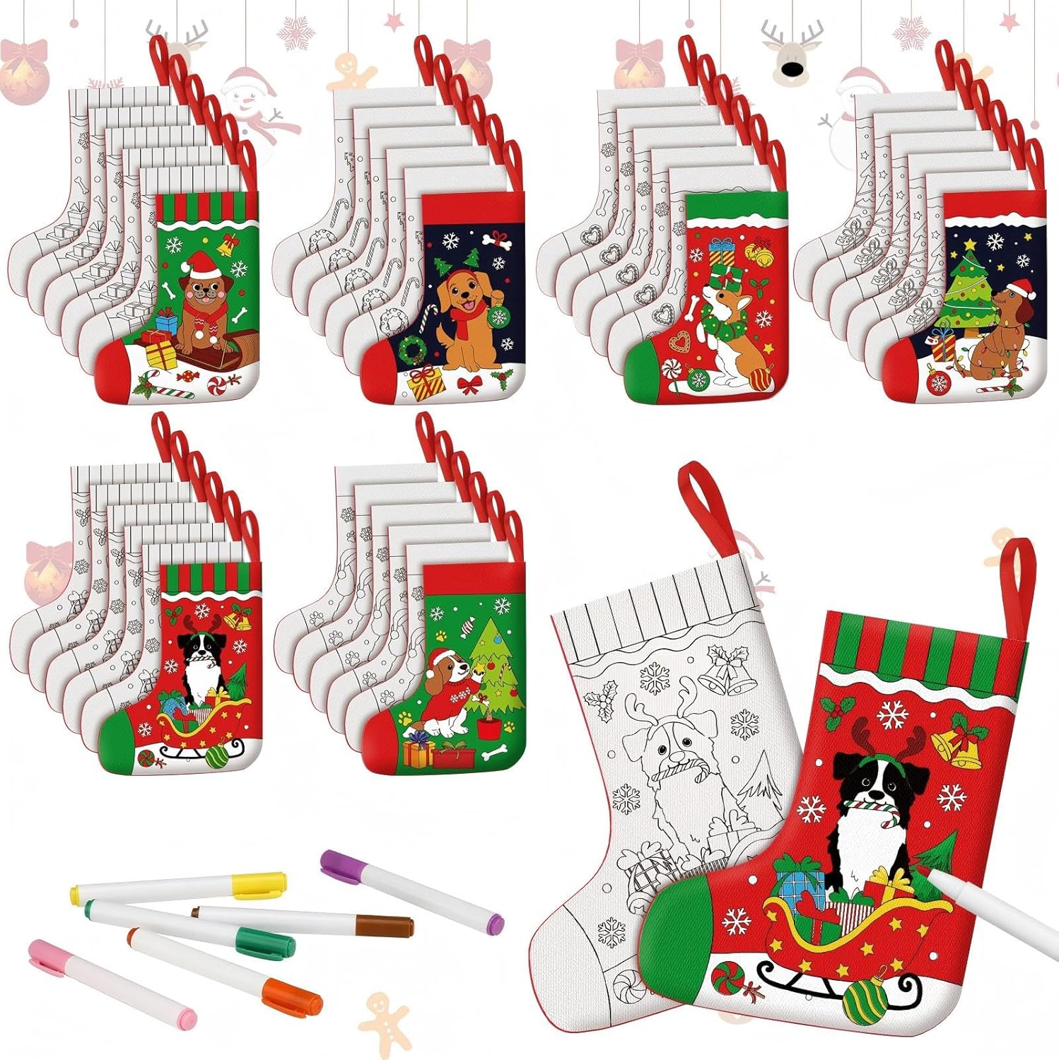 Zhanmai 24 Pcs Color Your Own Christmas Stockings with 48 Pcs Pens, DIY Christmas Stocking Crafts Kit Xmas Stockings Gift for Adults Family Holiday Party Decoration(Dog)