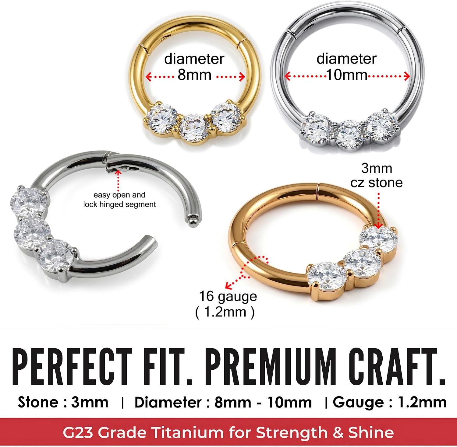 Tri Clear Cz Gemstones 16 Gauge G23 Grade Titanium Hinged Clicker Segment Ring - Hoop Cartilage - Daith Hoop - Segment Ring Body Jewelry