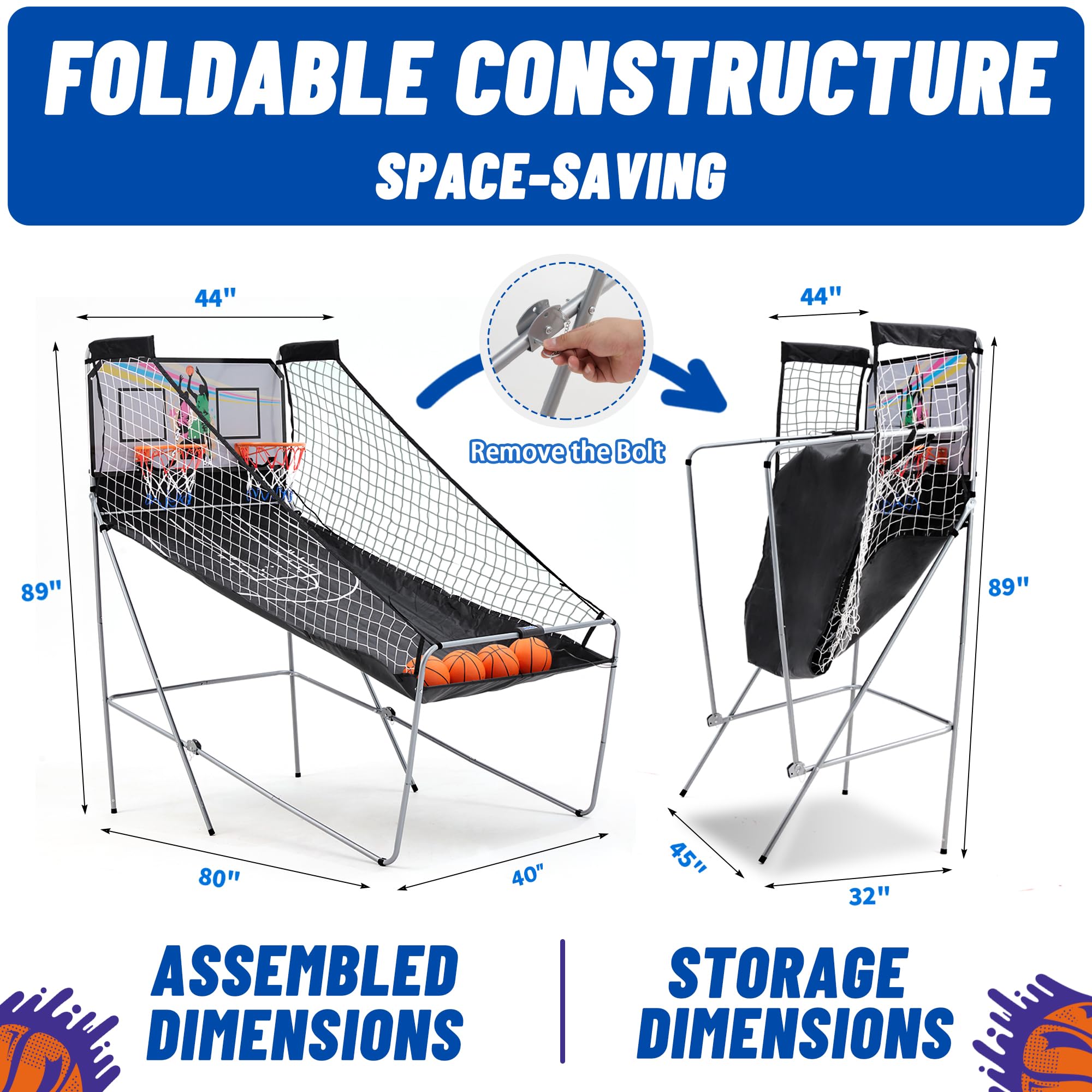 Candockway Foldable Electronic Dual Basketball Arcade Game,Double Shot 2Player,8 Game Options w/4 Balls LED Scoring System & Indoor Basketball Game for Kids, Youth Adults