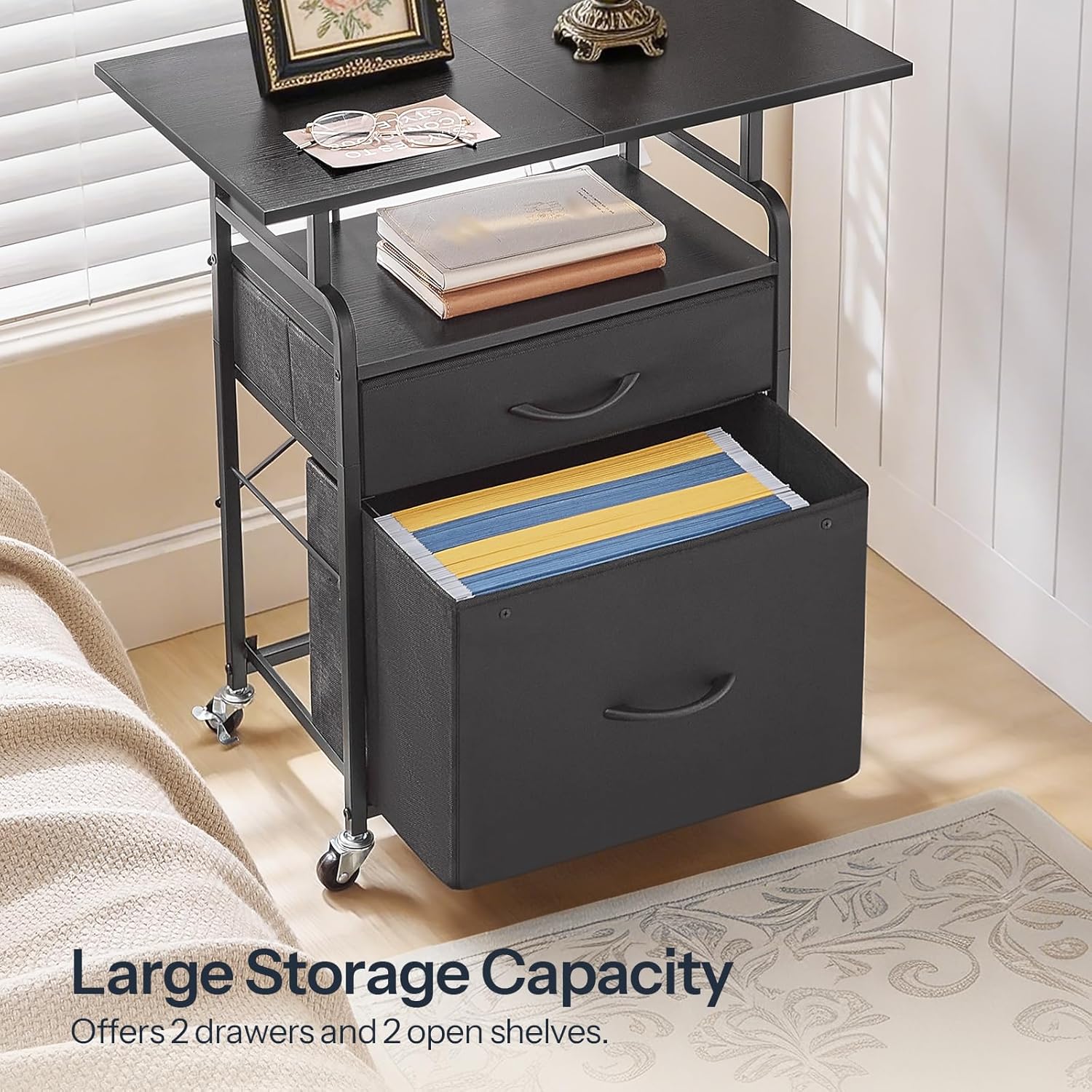 HOOBRO Large Printer Stand with Drawers, Printer Table on Wheels, Mobile Filing Cabinet with Charging Station, Printer Cart for Home Office, Living Room, Black BB15UPS01