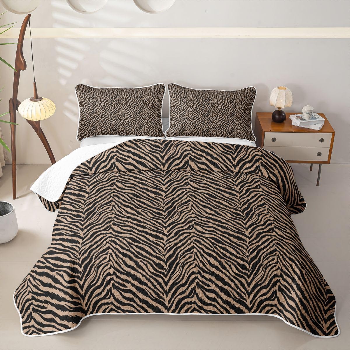 Zebra Print Quilt Set King Black Brown Zebra Stripe Quilted Bedding Wildlife Animal Texture Bedspread Coverlet For Kids Boys Girls,Rustic Farmhouse Quilt Comforter Lightweight Quilted Blanket