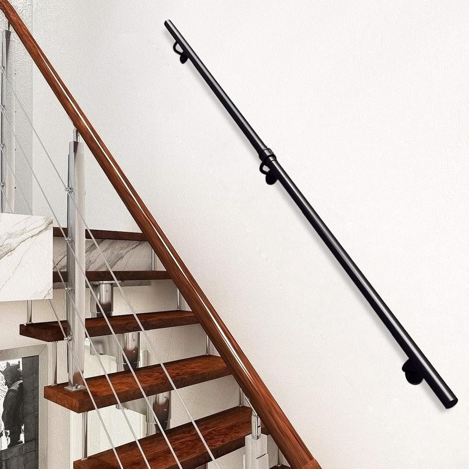 Non-Slip Black Staircase Handrail - Wall Mounted Metal Iron Grab Bar Railing (11.5 FT) for Indoor/Outdoor Stairs, Porch, Loft, Step Baluster, Durable & Safe (2 FT)