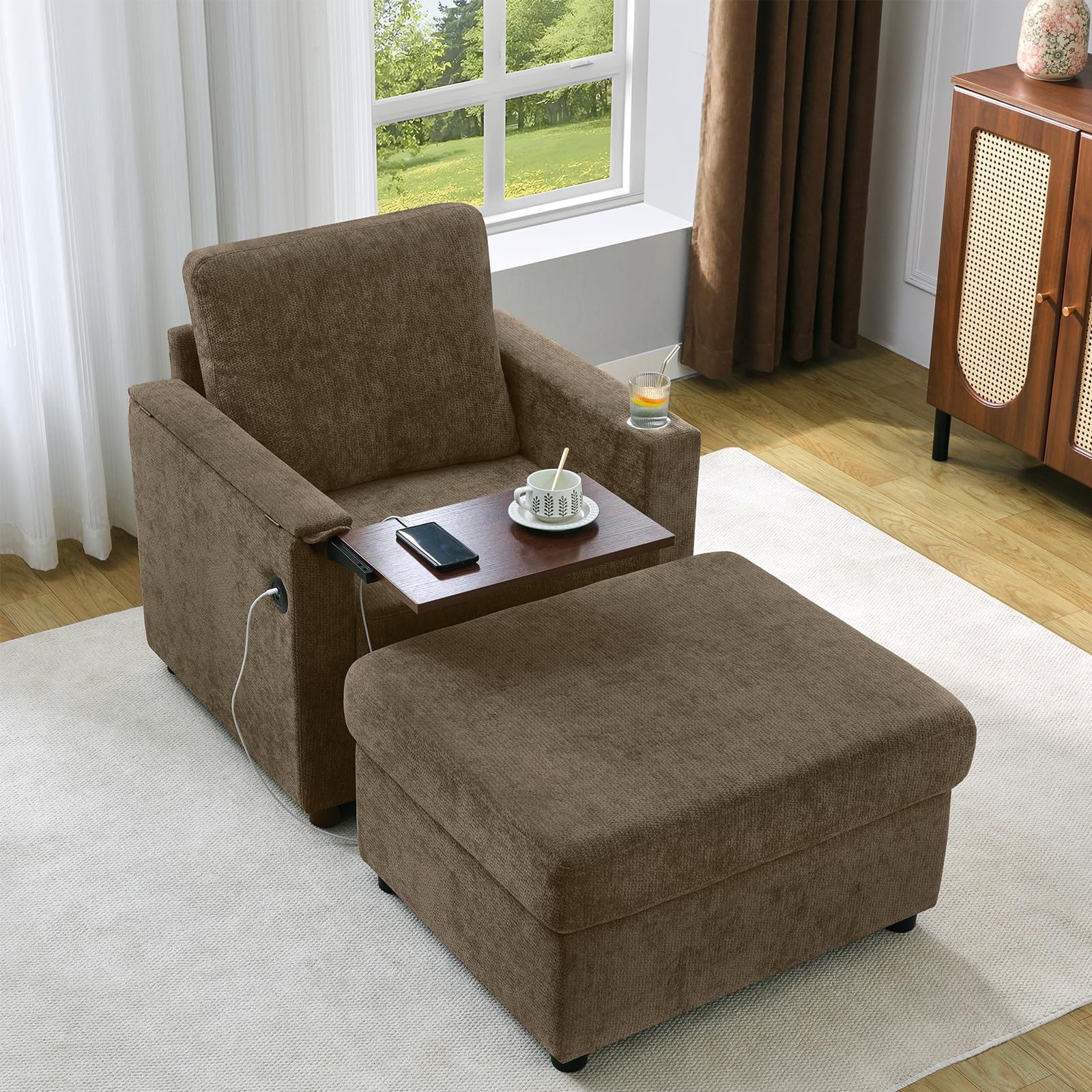 Elevyoliv Rading Chair with Storage Ottoman and Folding Tray Table