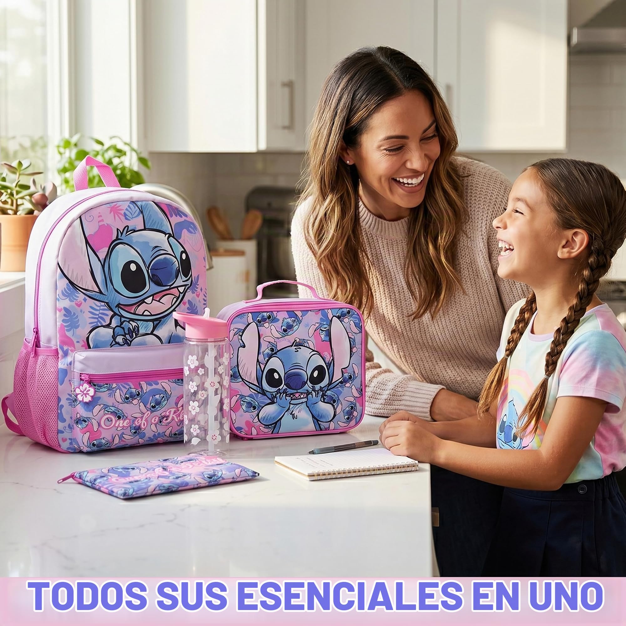 Get Trend Disney Stitch Grande Mochila Escolar Niña Set 4 Piezas, 46 cm Mochila Infantil con Botella Agua 500 ml, Estuche Escolar y Bolsa Termica Porta Alimentos para Colegio (Multi Stitch)