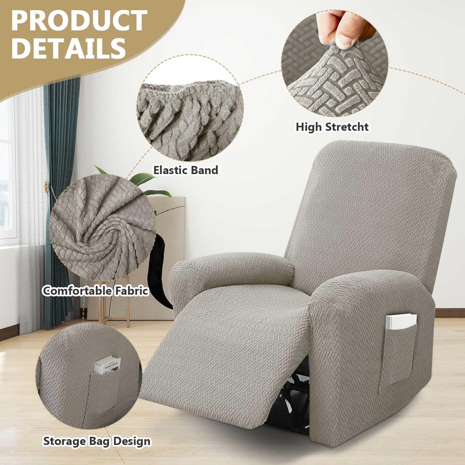 Lot de 4 Housses de Fauteuil Relax en Velours Extensible - Protection Complète avec Poches pour Télécommande, Livres - pour Fauteuil de Relaxation, Canapé et Fauteuil TV