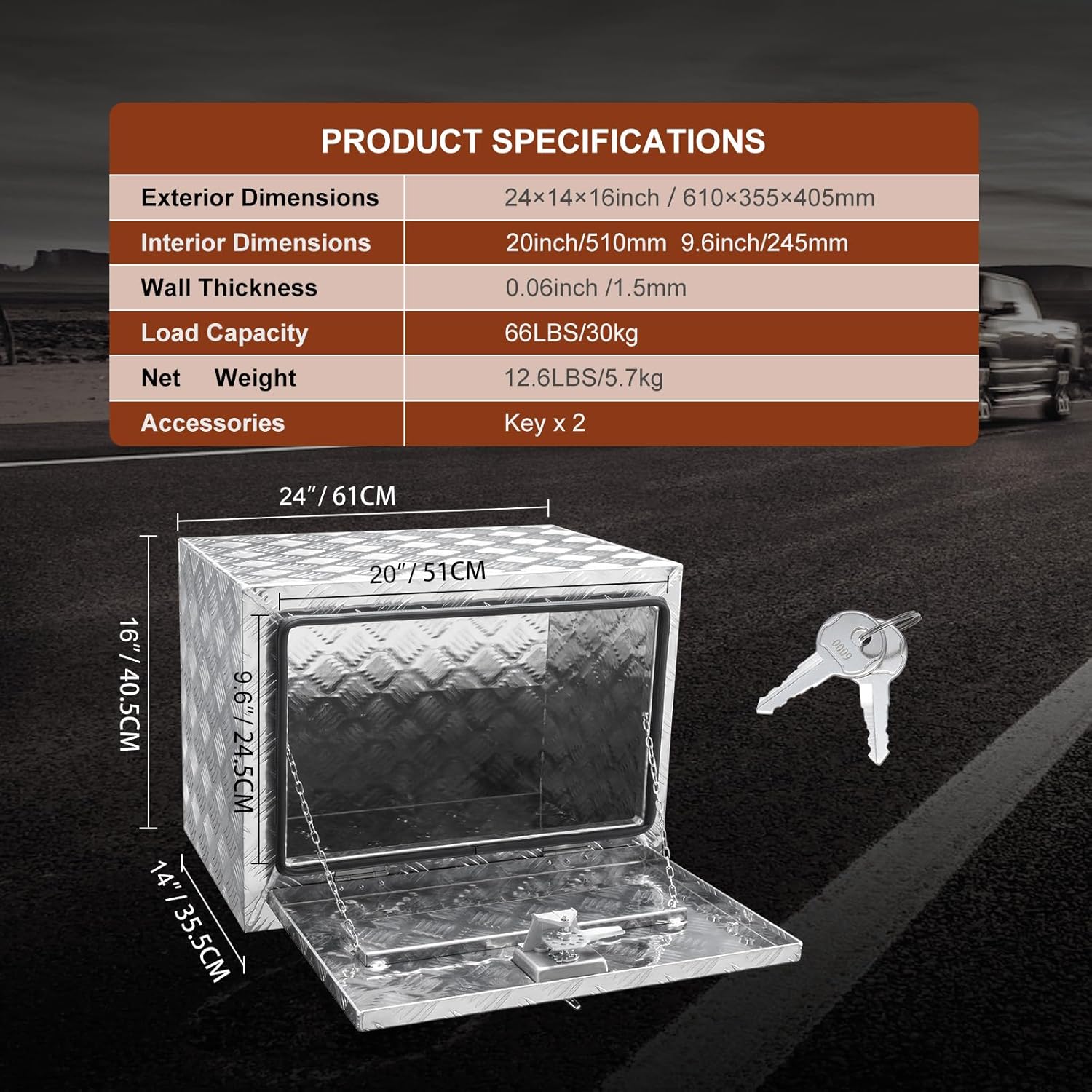 VEVOR Underbody Truck Box, 24"×14"×16" Pickup Storage Box, Heavy Duty Aluminum Diamond Plate Tool Box with Lock and Keys, Waterproof Trailer Storage Box with T-Handle Latch for Truck, Van, Trailer