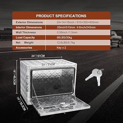 Miniatura 7 de VEVOR Underbody - Caja de almacenamiento para camioneta de 24 x 14 x 16 pulgadas, caja de herramientas de aluminio resistente con cerradura y