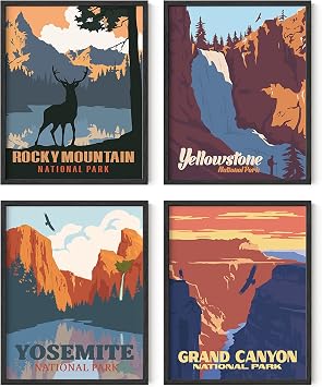 HAUS AND HUES National Park -Set of 4 Vintage National Park Posters Set, Grand Canyon Art, National Parks Gifts, Yosemite Wall Art Mountain Posters Black Frame, 11x14