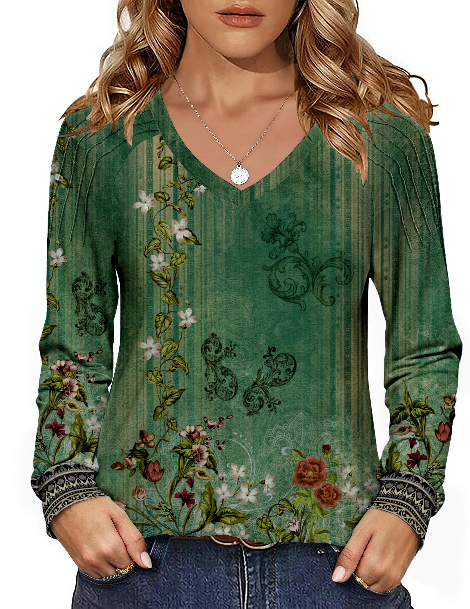 Zeagoo Long Sleeve Womens Tops Casual V Neck Shirts Pleated Dressy Blouses 2025 Fall Tunic Fashion Clothes