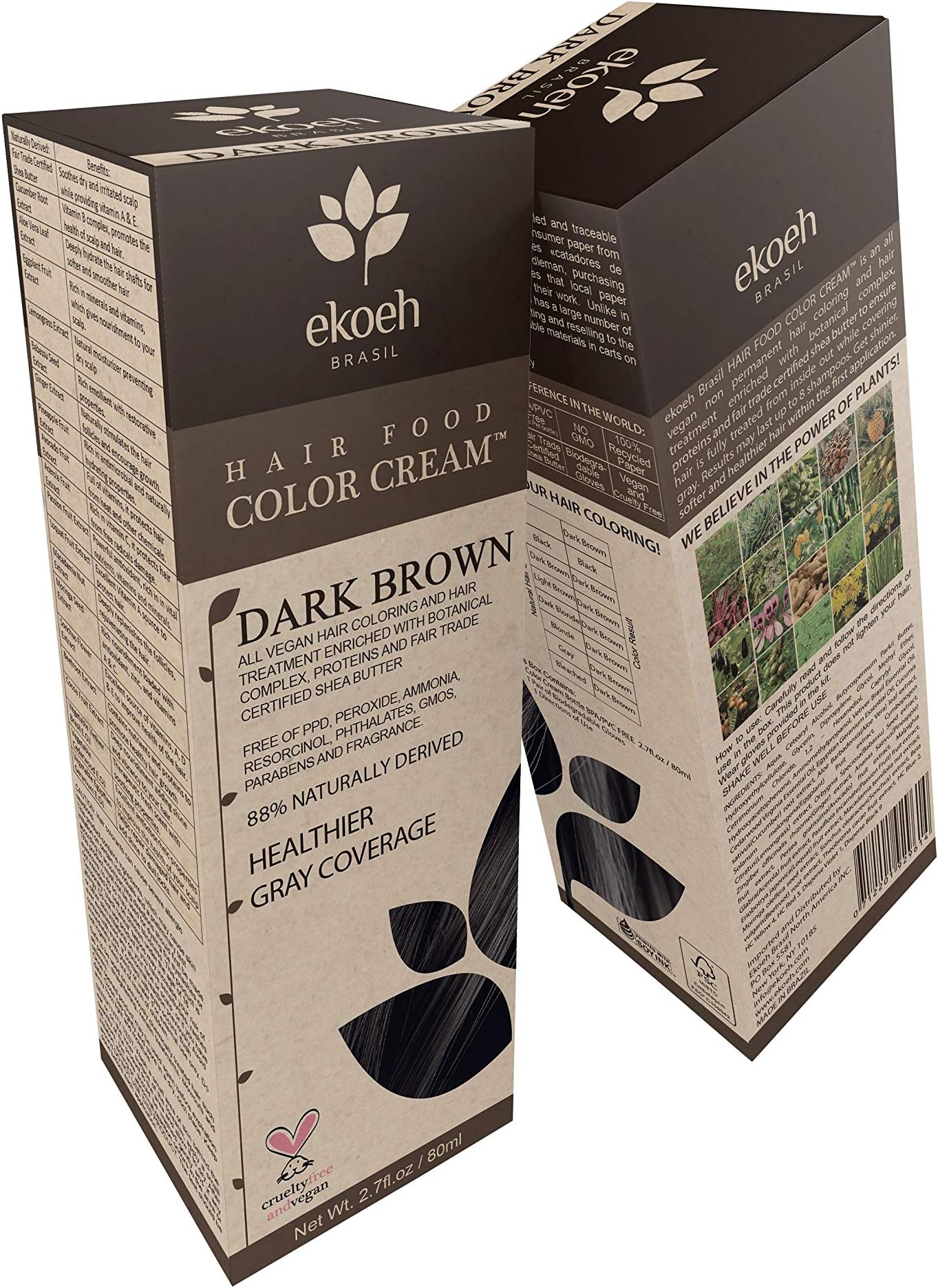 Hair Color EKOEH BRASIL Cream Dark Brown, PPD FREE, VEGAN 2.7fl.oz