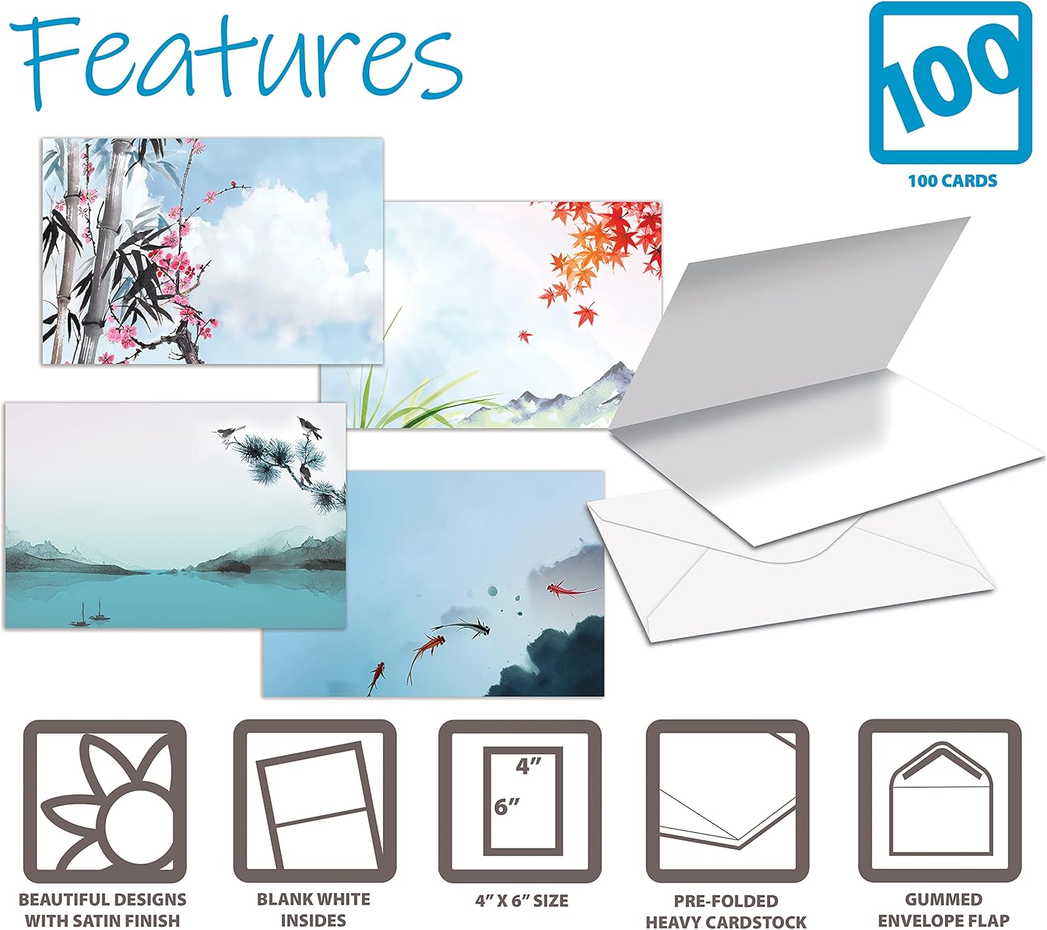 Better Office Products 100-Pack All Occasion Greeting Cards, Assorted Blank Note Cards, 4 x 6 inch, 6 Japanese Watercolor Designs, Blank Inside, with Envelopes, 100 Pack : Health & Household