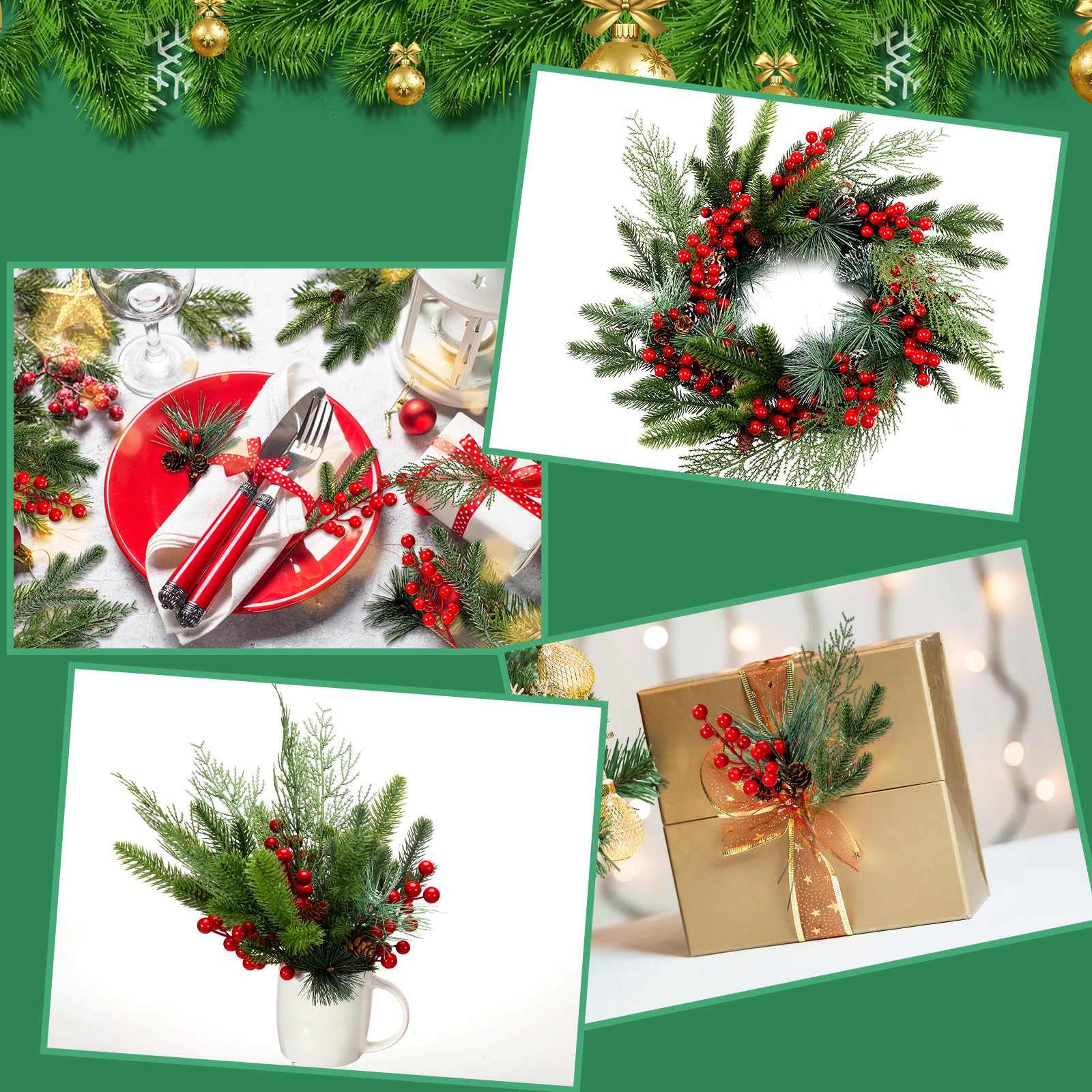 200 agujas de pino artificiales de Navidad, ramas, guirnaldas, tallos de bayas rojas, púas de pino con piña artificial con bayas rojas y piñas naturales para coronas de bricolaje