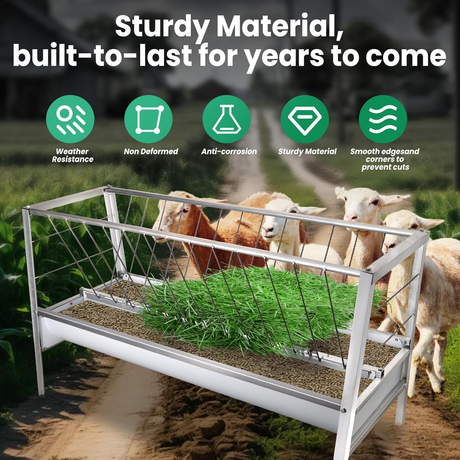 77Gal Heavy-Duty Galvanized Steel Hay Feeder for Goats & Horses, 2-in-1 Large Capacity Feeder/Farm/Trough with Smooth Edges, 14-Livestock Feeding, Ranch/Poultry Use, Weatherproof & Rust-Proof Design