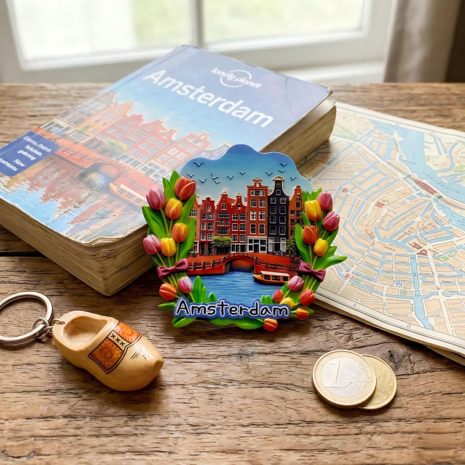 Amsterdam - Imán de resina 3D para nevera, diseño de casas de canal con marco de tulipán vibrante, recuerdo de viaje de los Países Bajos, bonita decoración de cocina única, 3.15 x 2.95
